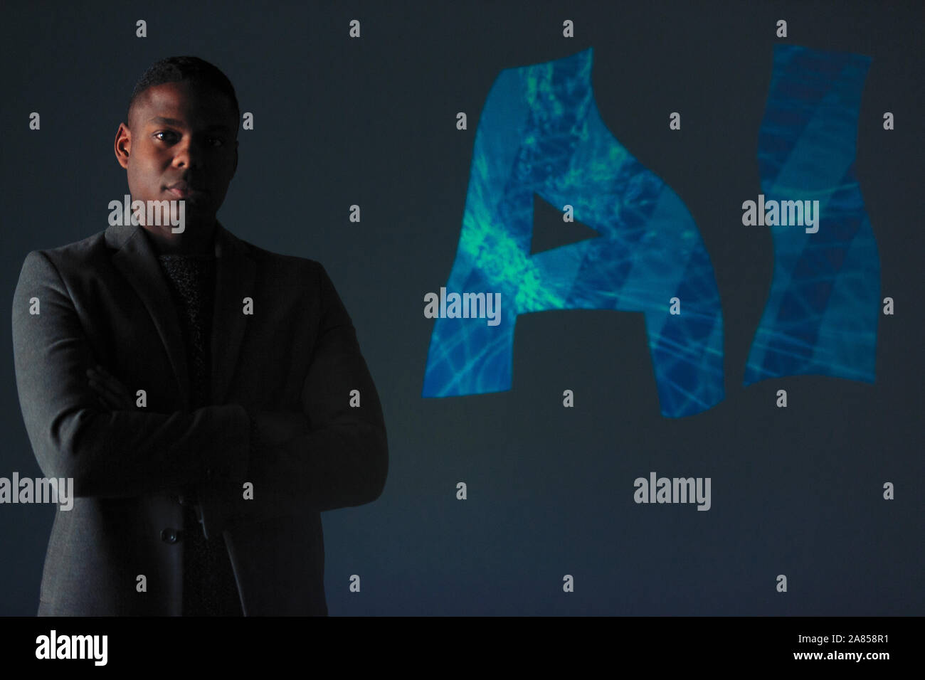 Double exposure portrait confident businessman and AI text Stock Photo