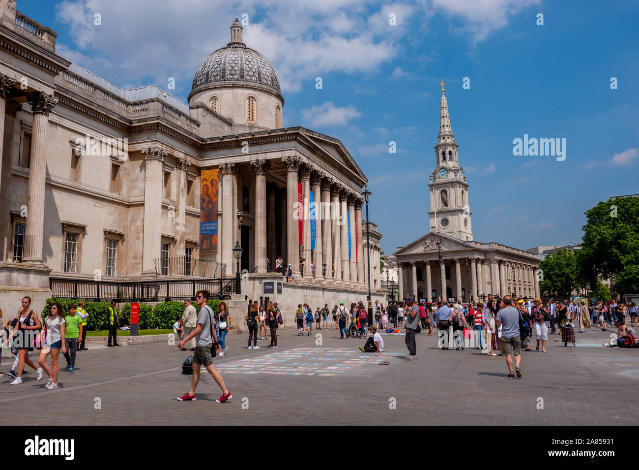 The national gallery London with St Martin in the fields in the background. Stock Photo