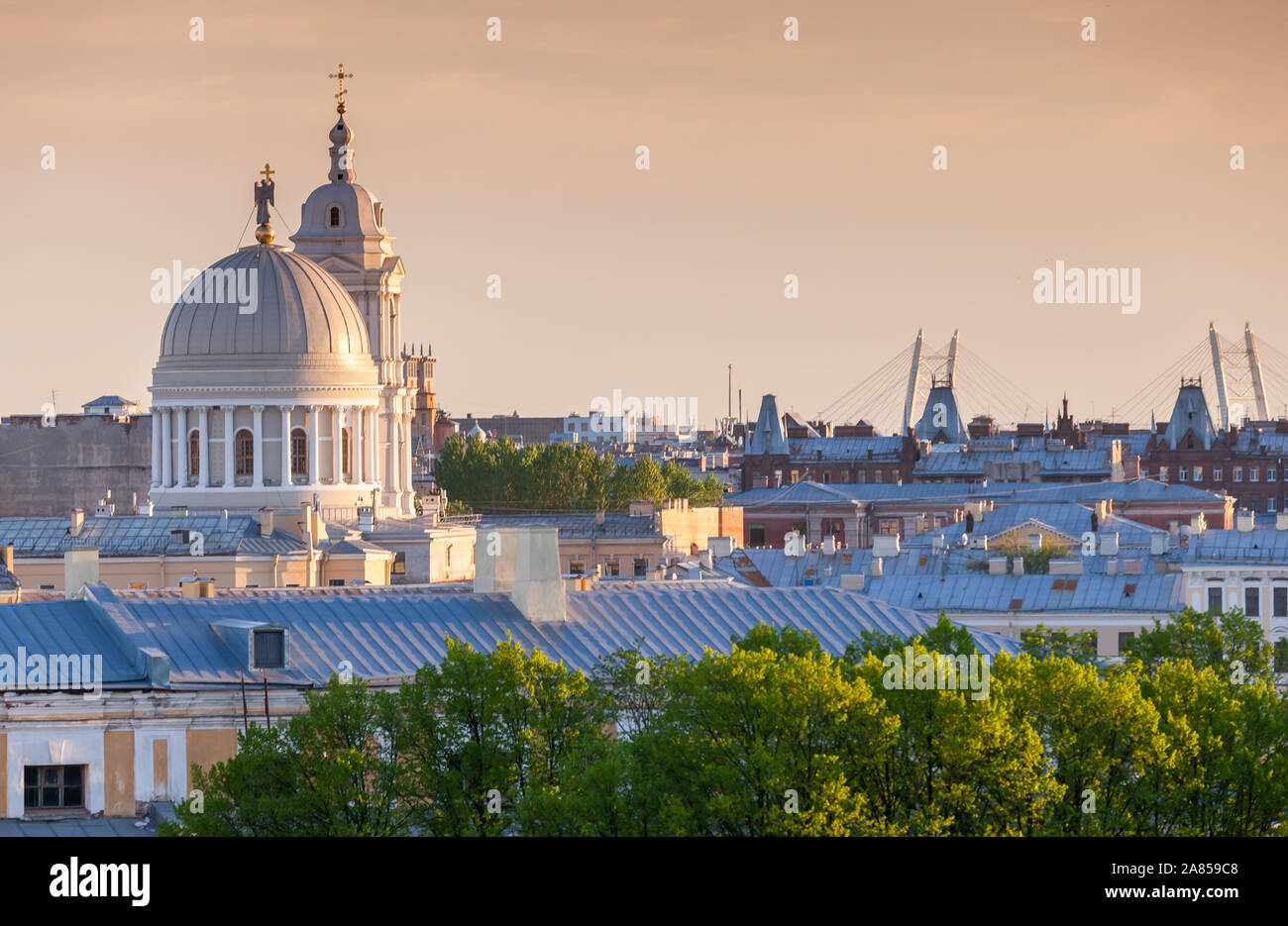 Skyline of Saint-Petersburg at summer evening. Church of the Holy Great Martyr Catherine is an Orthodox church in St. Petersburg on Vasilyevsky Island Stock Photo