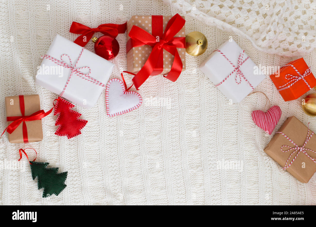 Christmas time. Frame of wrapped holiday gifts Stock Photo
