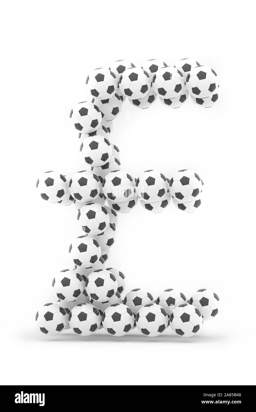 3D render: Classic black and white Soccer balls forming a Pound sign. Big Business / corruption in sports, football, soccer. Isolated on white. Stock Photo