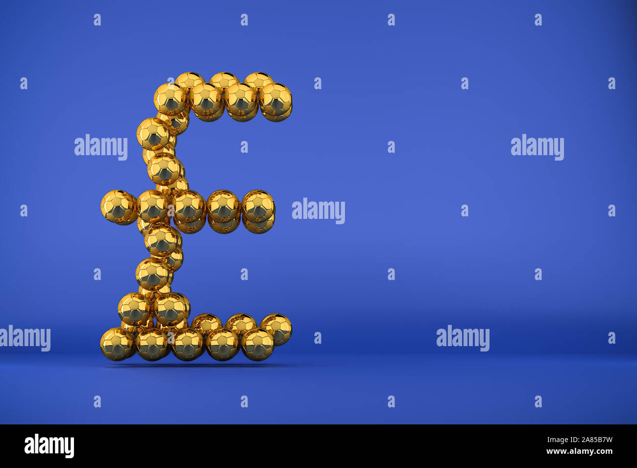 3D render: Golden Soccer balls forming a British Pound sign. Big Business / corruption in sports, football, soccer. Blue Background. Copy space to the Stock Photo
