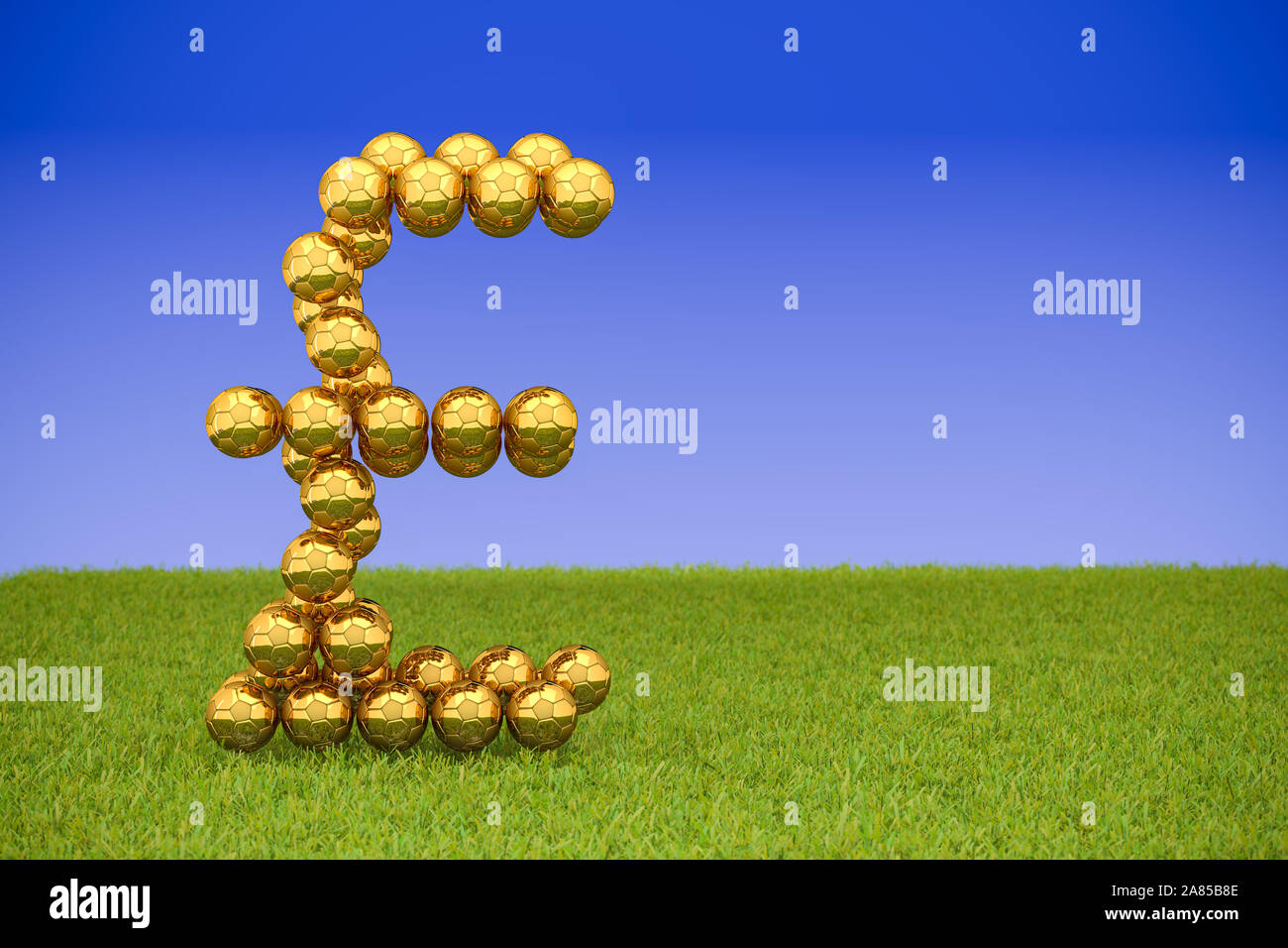 3D render: Golden Soccer balls forming a British Pound sign on grass and blue sky background. Big Business / corruption in sports, football, soccer. C Stock Photo