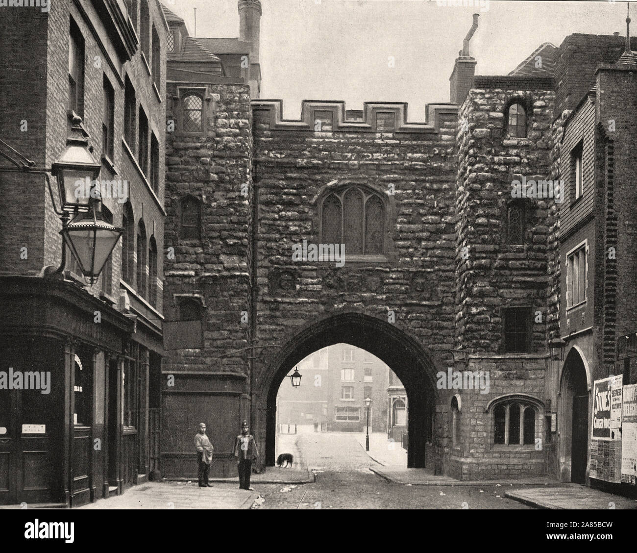 From 'The Descriptive Album of London' by George H Birch 1896 - Extract text : ' ST JOHN GATE ST. CLERKENWELL, is an interesting relic of an old priory of the Knights of St. John, this gate was built in the beginning of the 16th century by the grand ior I)ocwra. The arrns of Docwra and of the priory are on one side of the gateway, and those of England and France on the other. The Knights of St. John were by Henry the Eighth, reinstated by Queen Mary, and finally suppressed by Elizabeth. The building over the Gate ' Stock Photo