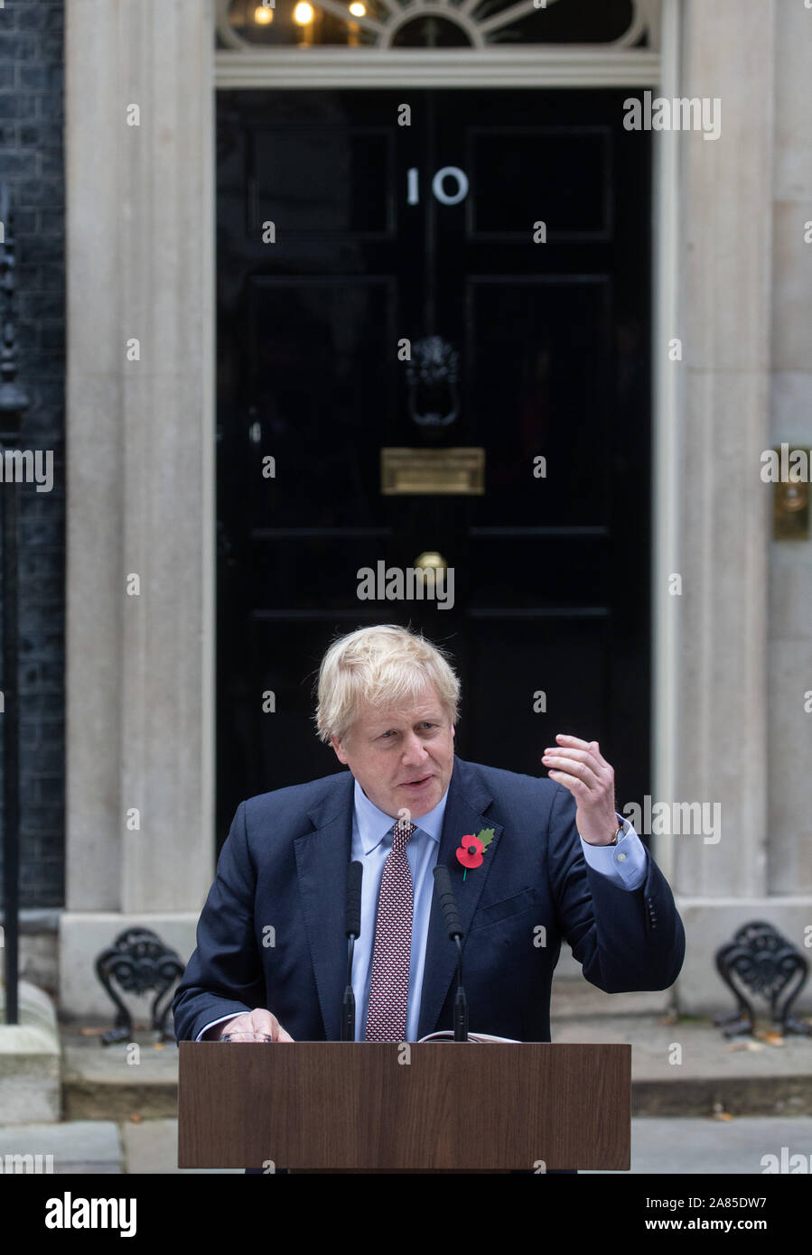 London, UK. 06th Nov, 2019. Prime Minister, Boris Johnson, delivers a statement in Downing Street ahead of 5 weeks of campaigning. Credit: Tommy London/Alamy Live News Stock Photo
