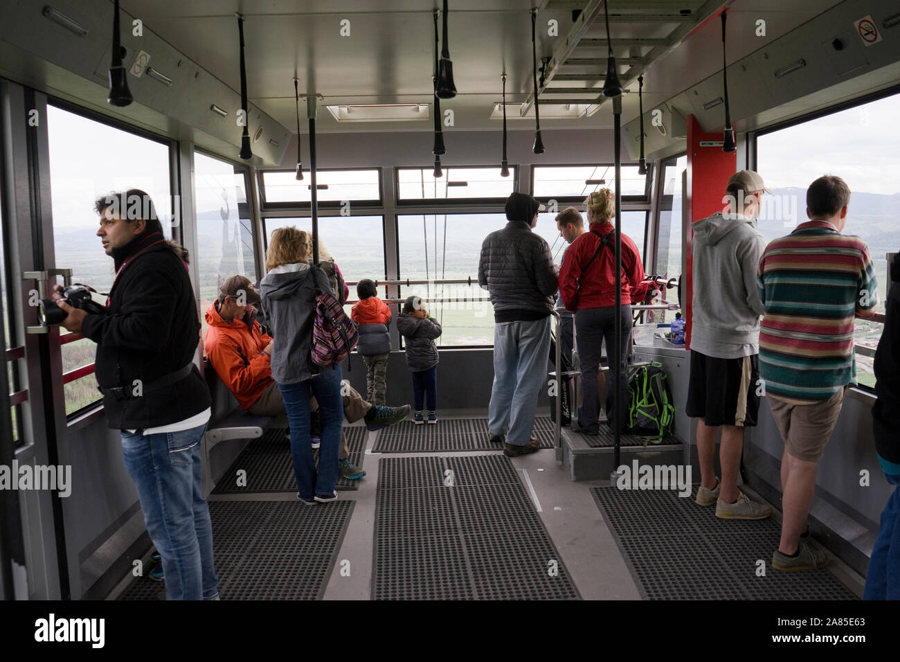 Passengers riding the Aerial Tram at Jackson Hole Mountain Resort Stock Photo