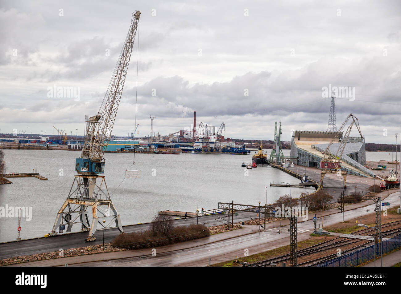 KOTKA, FINLAND - NOVEMBER 02, 2019: View of one of port areas of Kotka, port  cranes, Sunila pulp and paper mill and Vellamo maritime centre Stock Photo  - Alamy