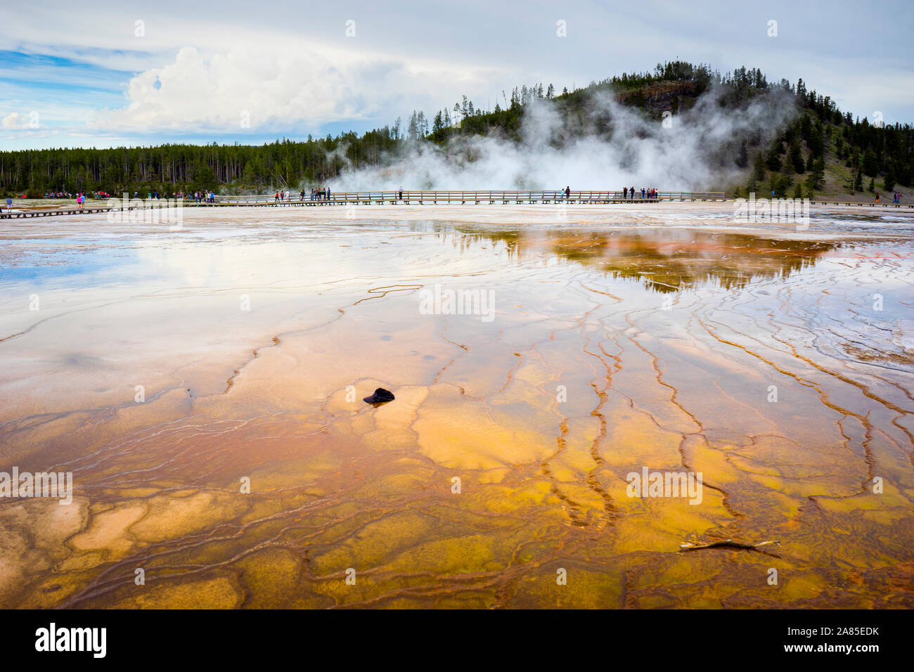 A hat sits in the colorful run-off channels of Grand Prismatic Spring Stock Photo