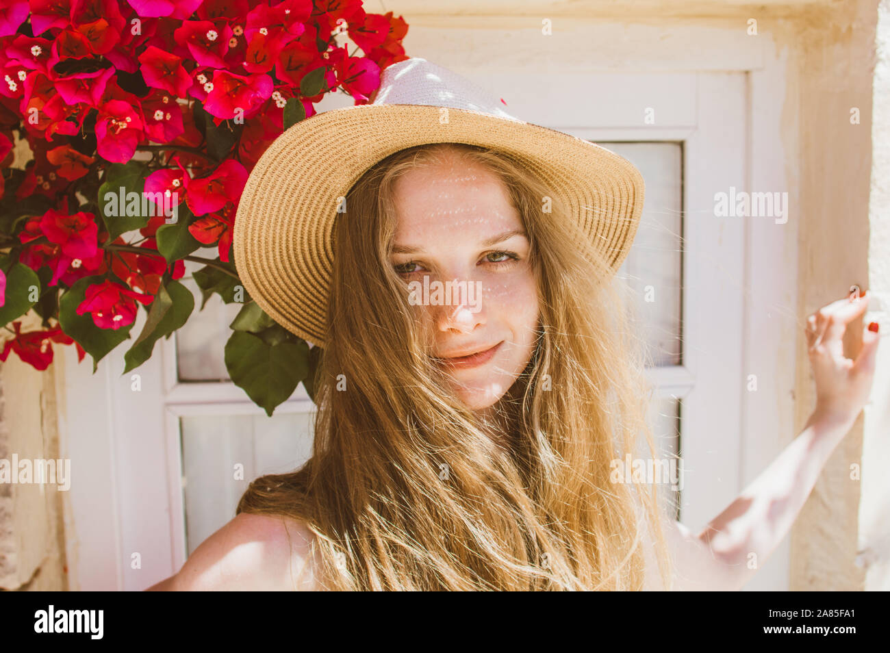 Young Woman Sun Hat Purple Flowers High 