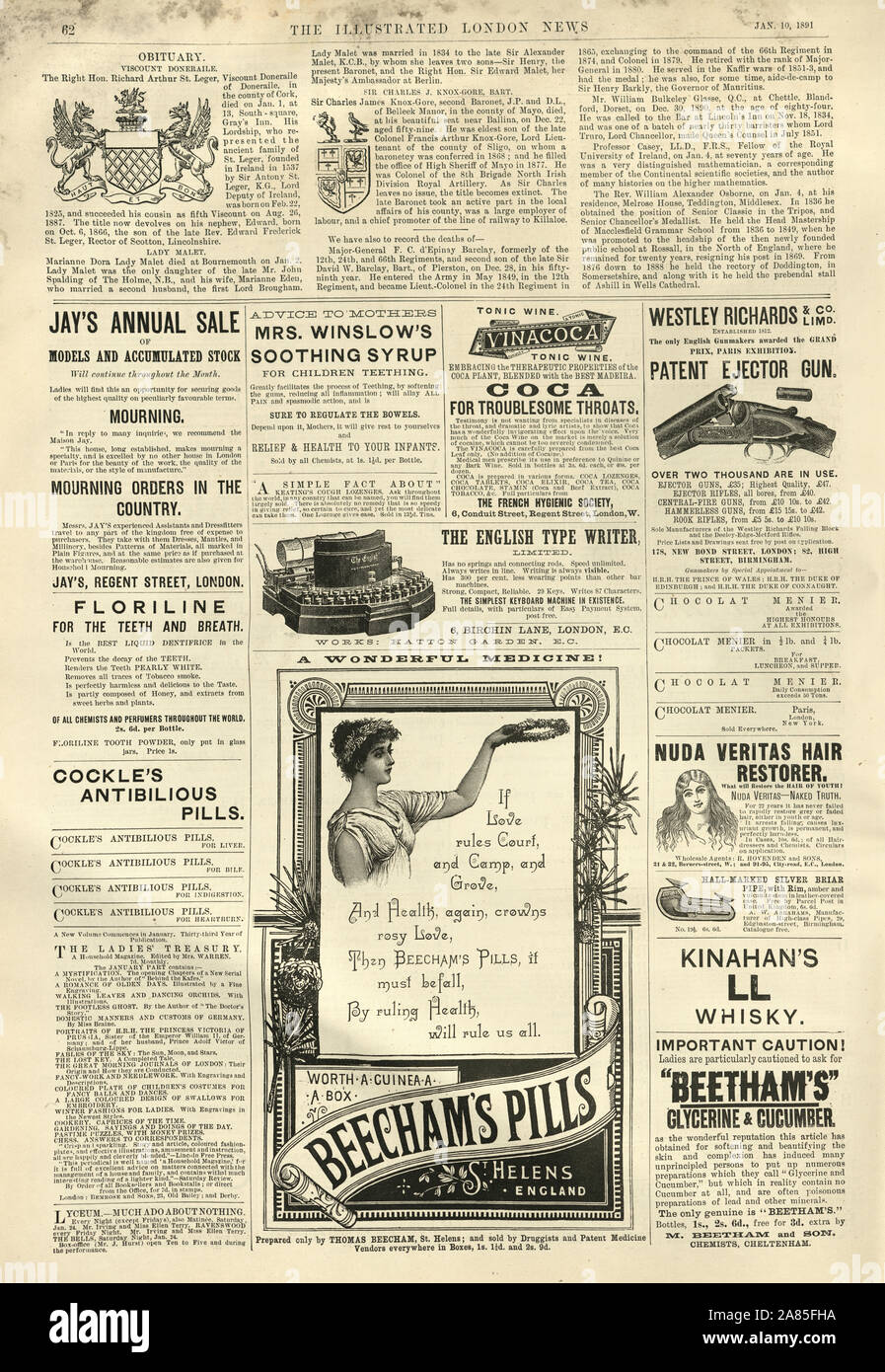 Page of adverts from the London Illustrated News, 1891. Beecham's Pills, English type writer Stock Photo