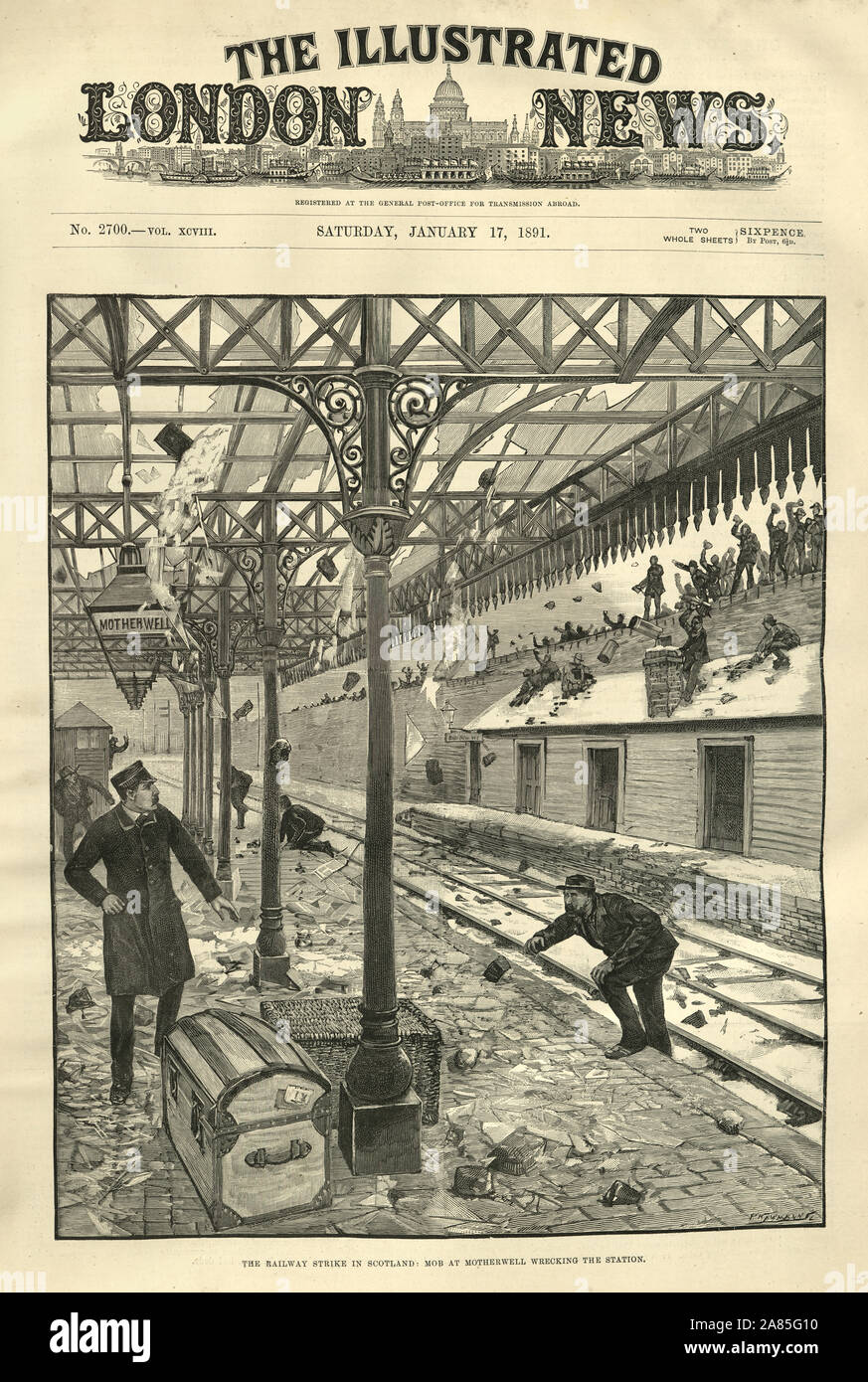 Front page of the London Illustrated News January 17th 1891.  Striking railway workers destroying Motherwell station, Scotland Stock Photo