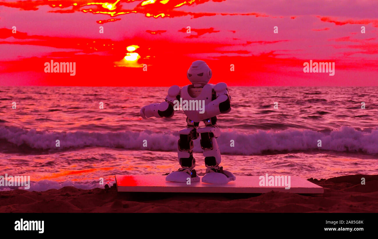 Humanoid autonomous smart Robot dances above martian sea after a