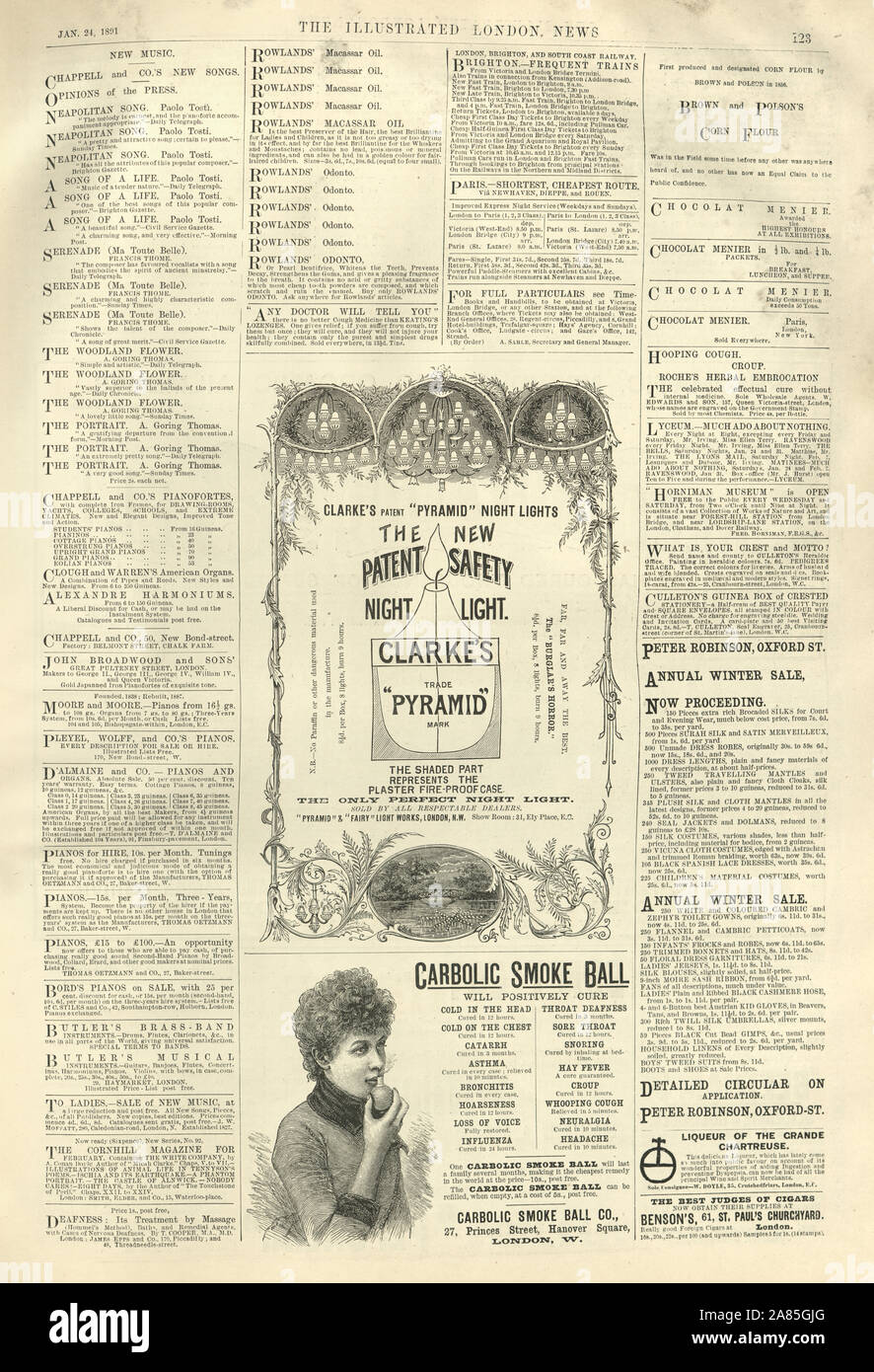 Page of adverts from the London Illustrated News, 1891. Carbolic smoke ball, Clarke's Pyramid, safety night light Stock Photo