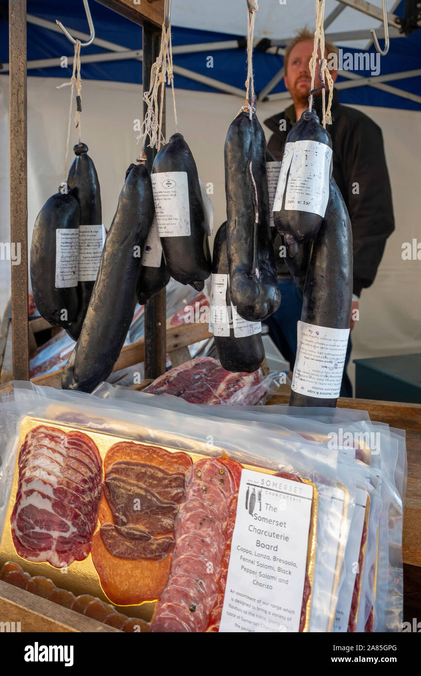 Charcuterie stall at Abergavenny Food Festival, Wales, UK Stock Photo