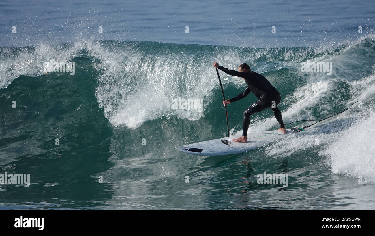 Athletic man (52 year old Caucasian) stays fit and active surfing on a SUP (stand up paddle board) Stock Photo