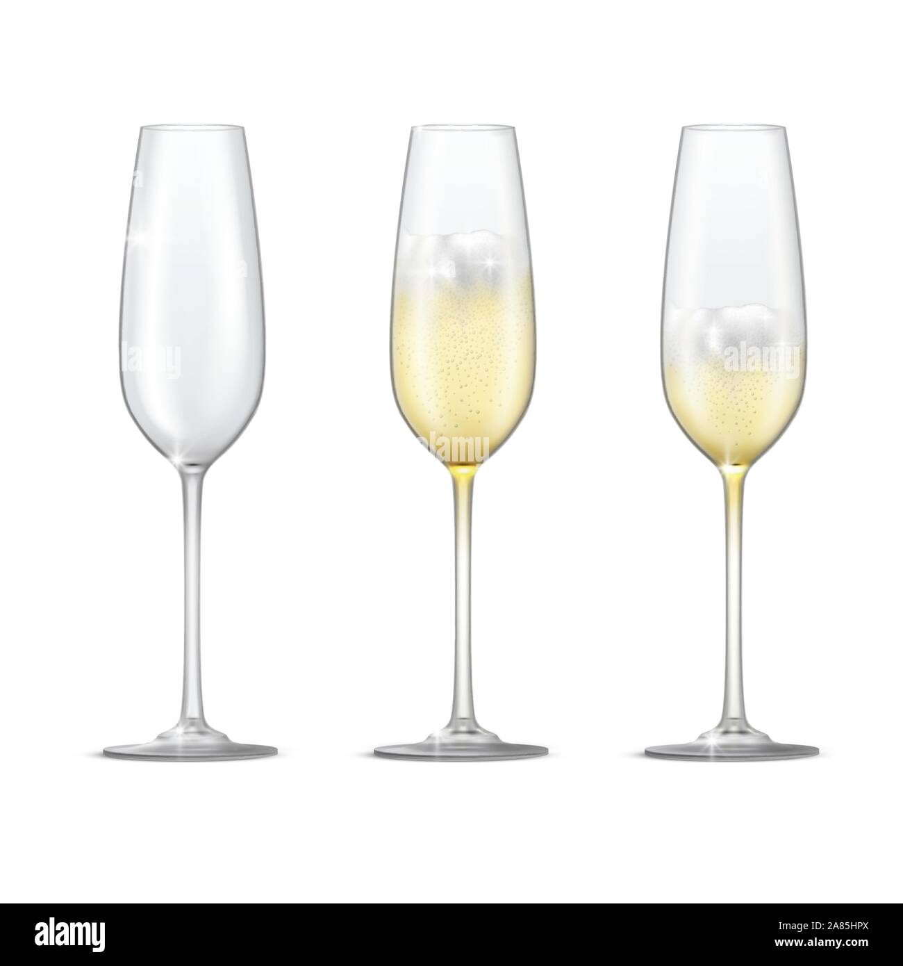 Realistic vector set of sparkling champagne glasses. Empty glass, full