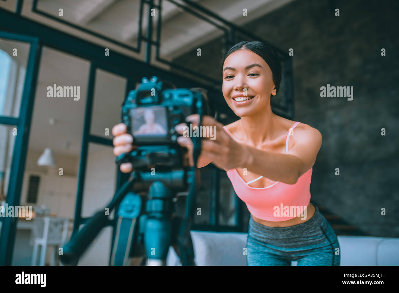 Blogger using modern equipment for making video Stock Photo Alamy