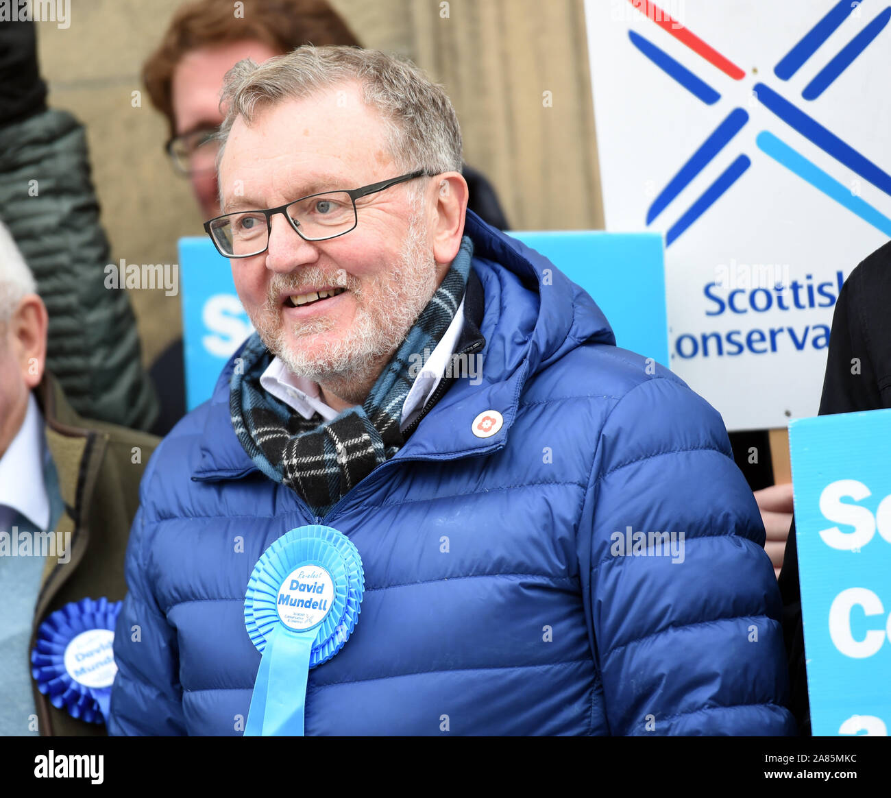 Peebles, Tweeddale, Scottish Borders.UK 6th Nov 19 . Setting out on the Election campaign   local Tory MP David Mundell (Dumfriesshire, Clydesdale and Tweeddale)  on Peebles High Street. Credit: eric mccowat/Alamy Live News Stock Photo
