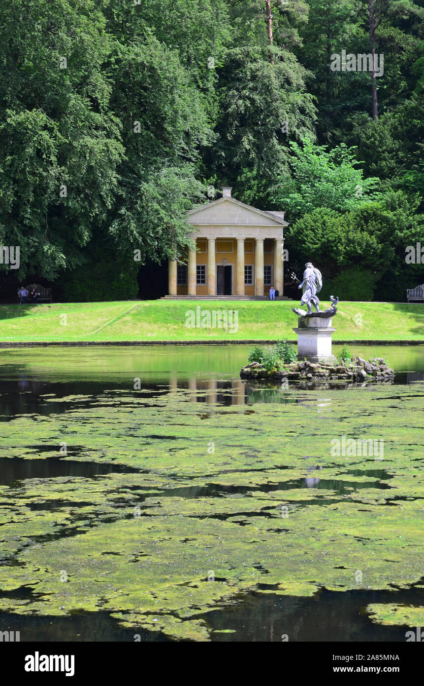 Temple of Piety and Moon pond, Fountains Abbey, North Yorkshire Stock Photo