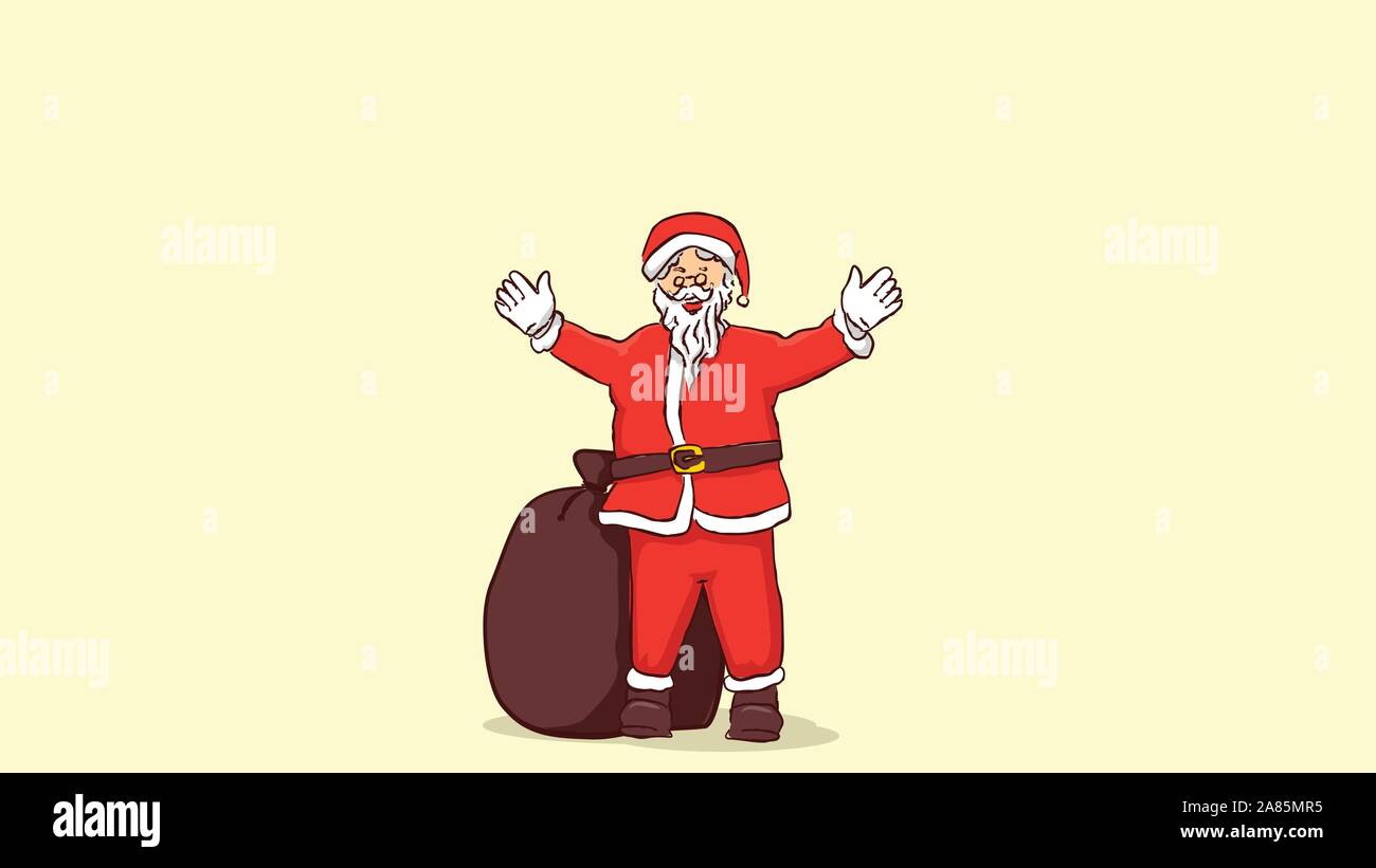 happy santa claus riasing both hands wellcoming christmast for every one Hand drawn style vector design illustrations Stock Vector