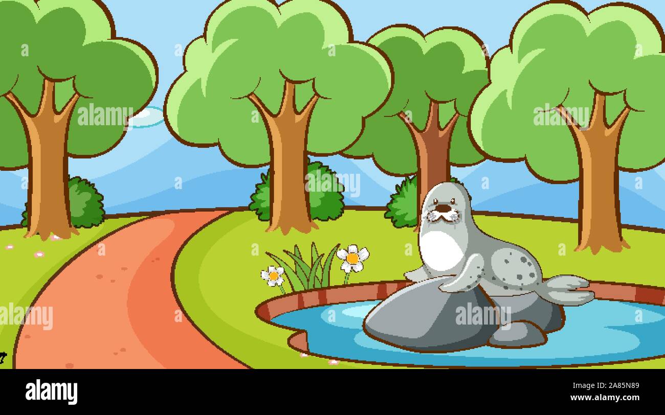 Scene with seal in the park illustration Stock Vector