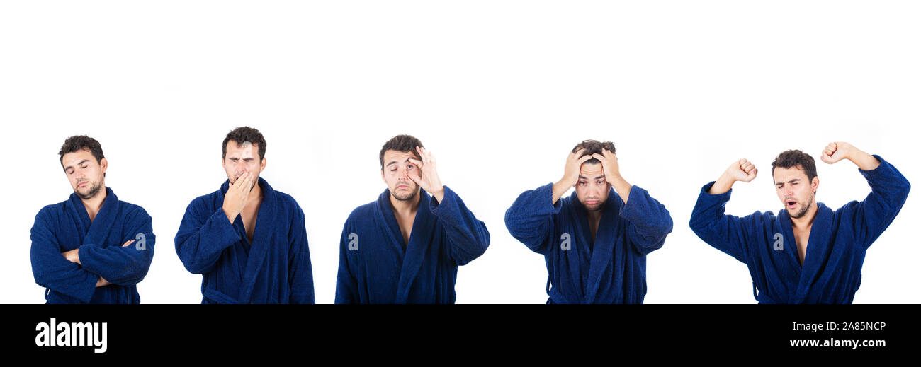 Morning routine of a tired man wearing blue bathrobe.  Man Drowsy and weak in morning banner. Sleep disorders concept. Stock Photo