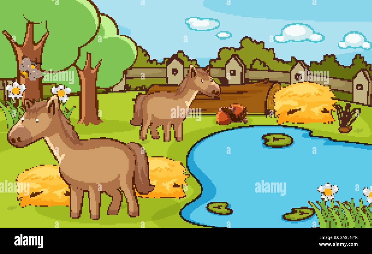 Scene with two horses in the farm illustration Stock Vector Image & Art ...