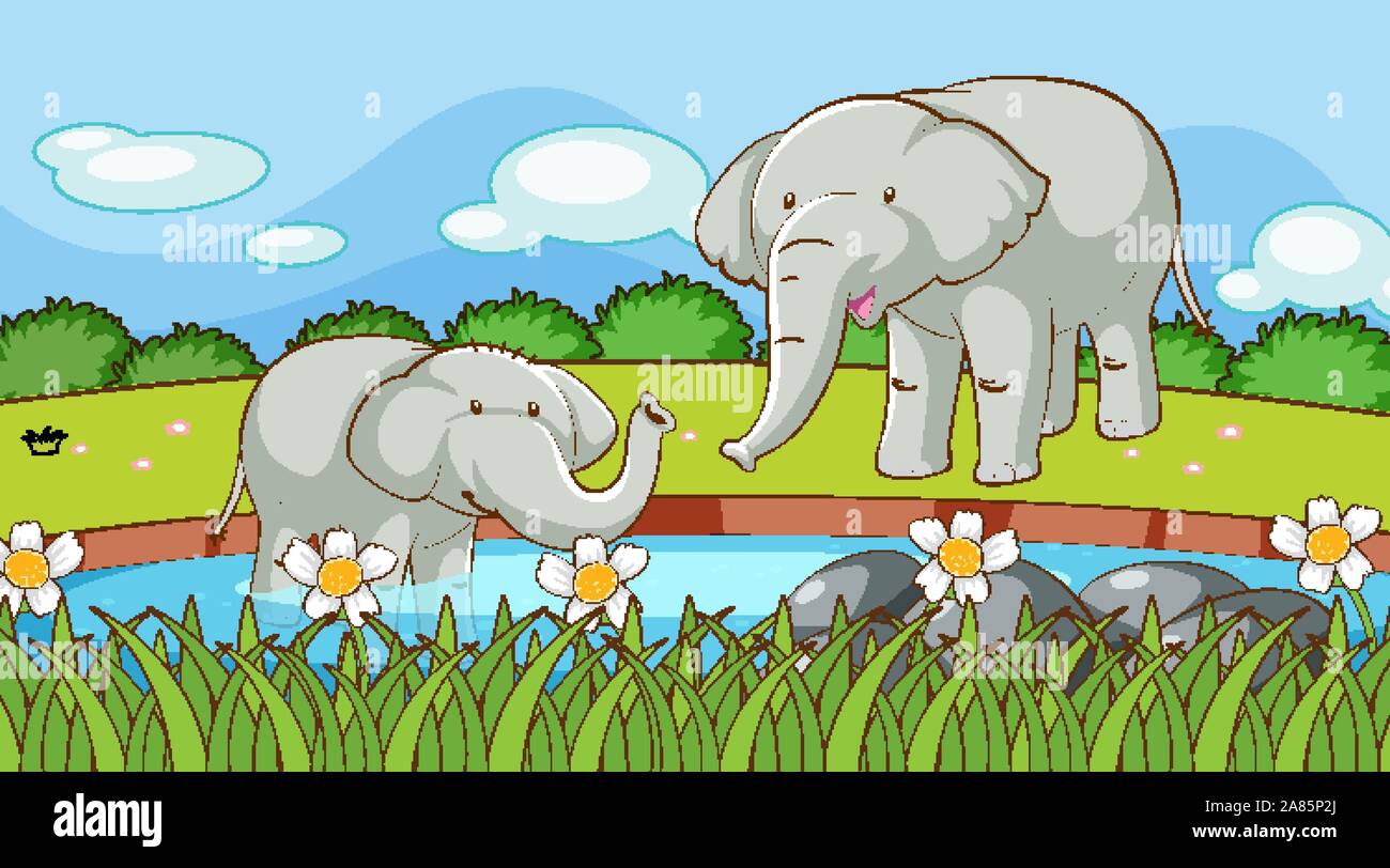 Scene with elephants in the park illustration Stock Vector Image & Art ...