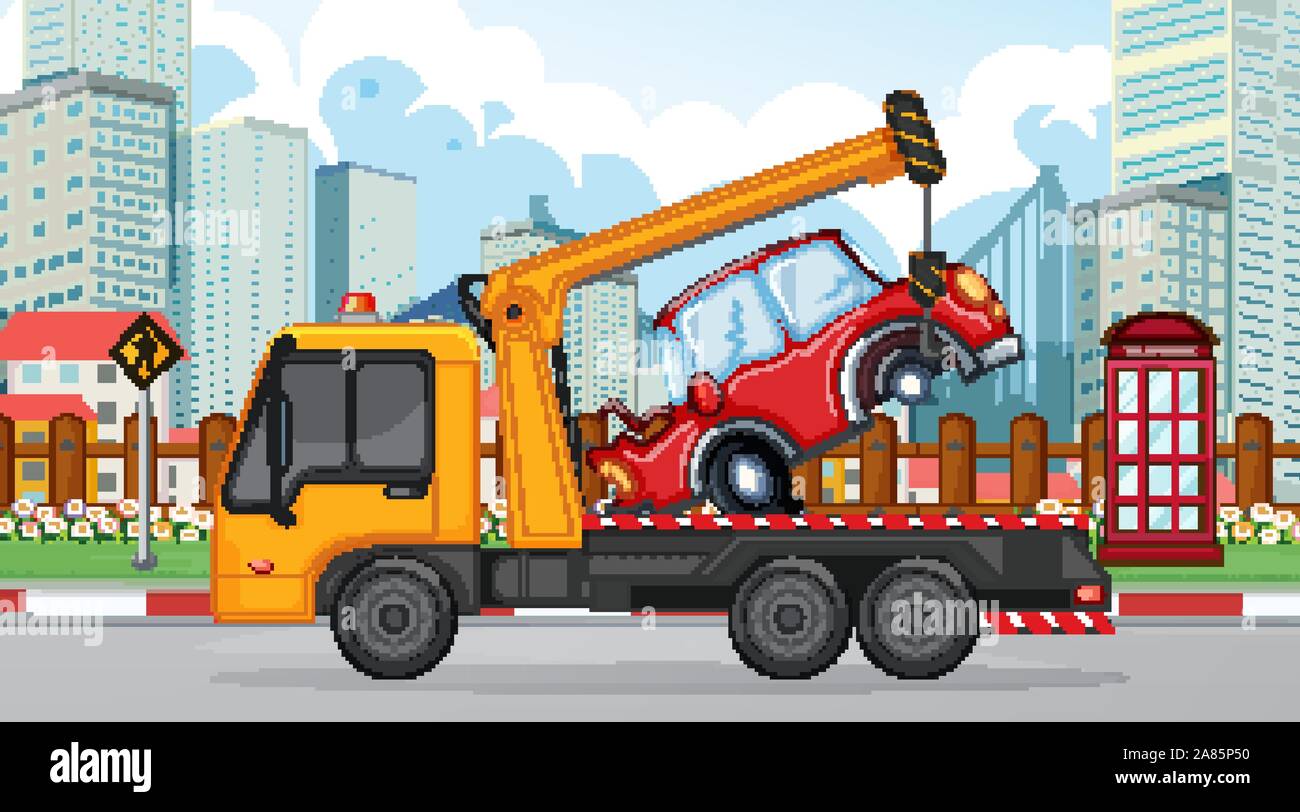 Accident scene with tow truck and broken car illustration Stock Vector ...