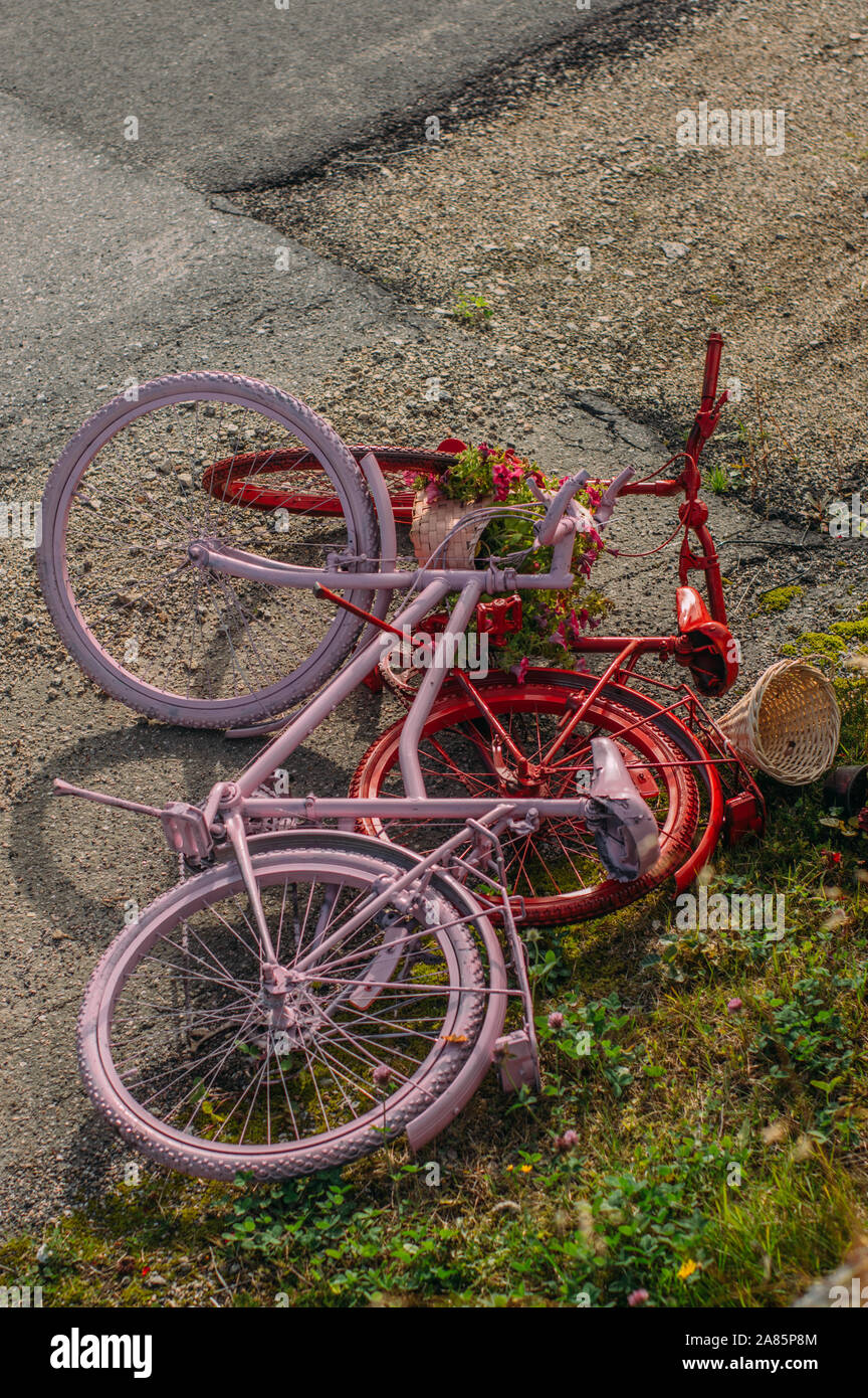 Two painted bicycles - red and pink lies on earth Stock Photo