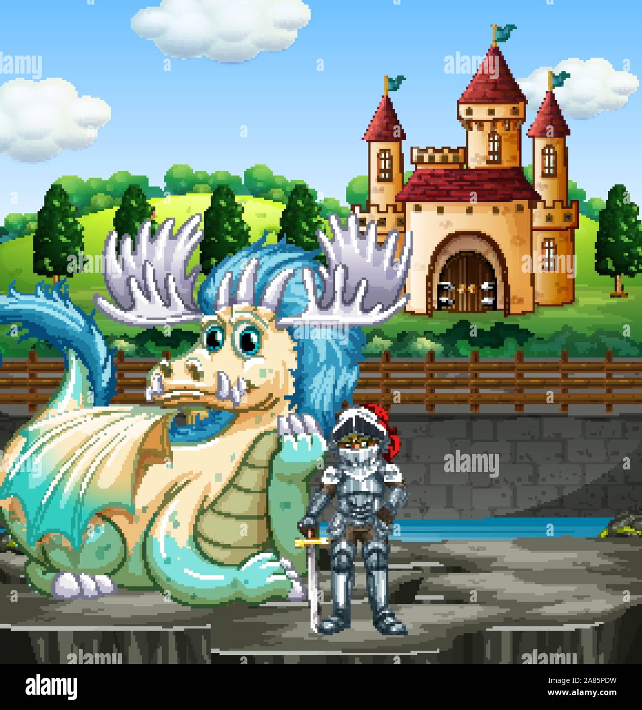 Scene with knight and dragon at the castle illustration Stock Vector ...