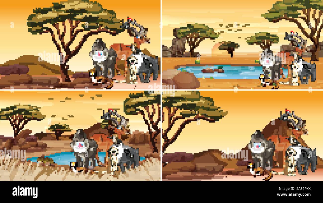 Four scenes with animals in the field illustration Stock Vector Image ...