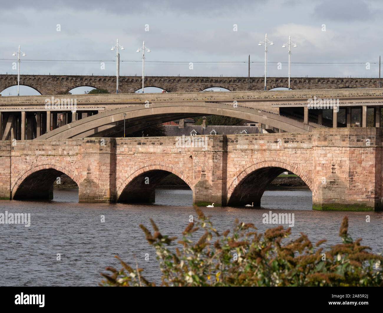 Three bridges at Berwick on Tweed, Northumberland, UK. Stock Photo