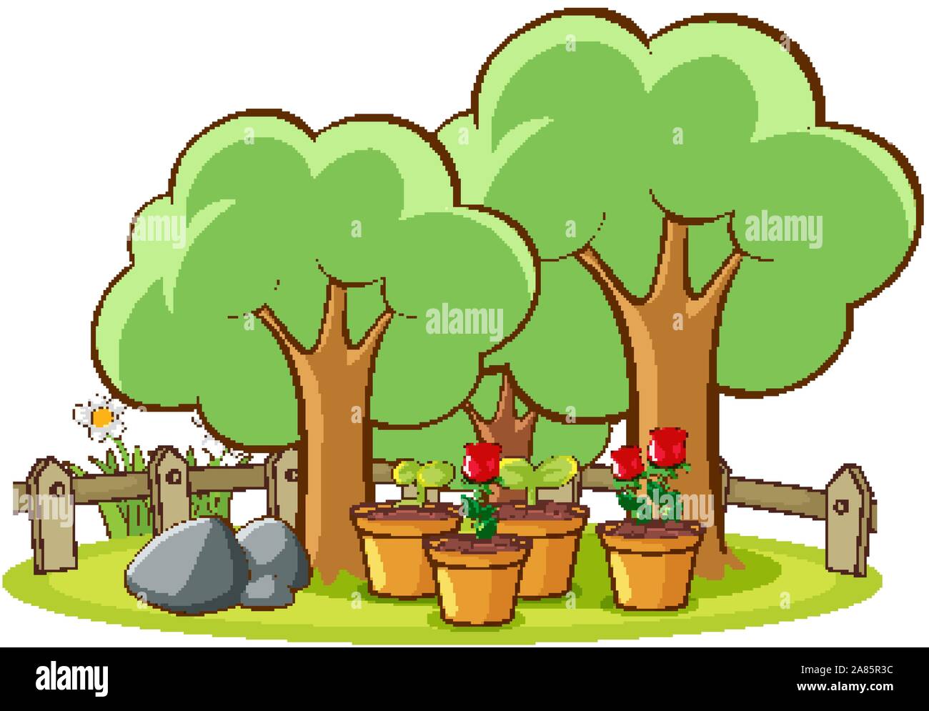 Roses and trees in garden on white background illustration Stock Vector ...