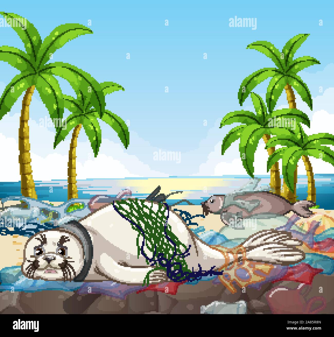 Scene with seals and plastic bags on beach illustration Stock Vector ...