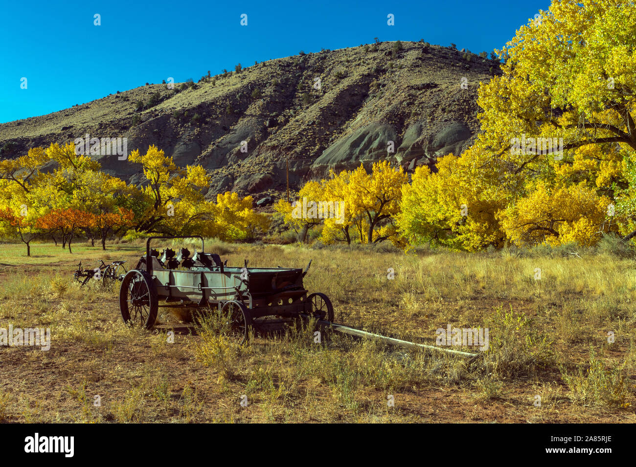 Old Rustic Wooden Farming Wagon in the Fruita District of Capital Reef National Park Stock Photo