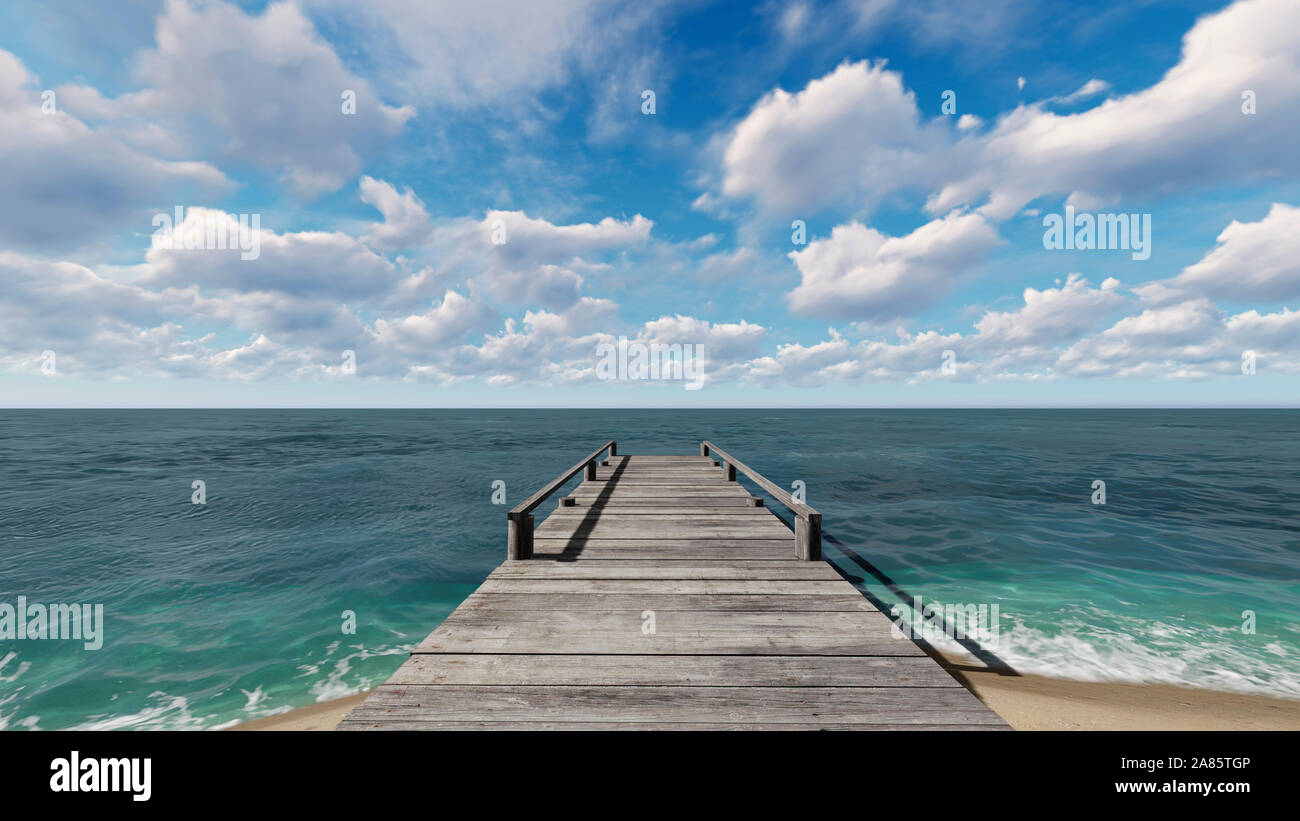 Wooden pier on the ocean on a background of blue sky with clouds Stock ...