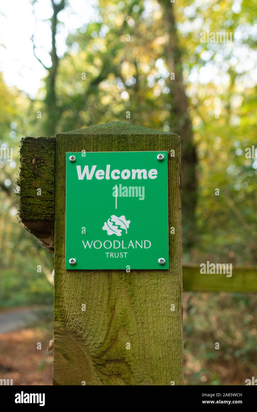 Welcome sign at the Woodland Trust nature reserve Staffhurst Wood (Staffhurst Woods) in Surrey, UK Stock Photo