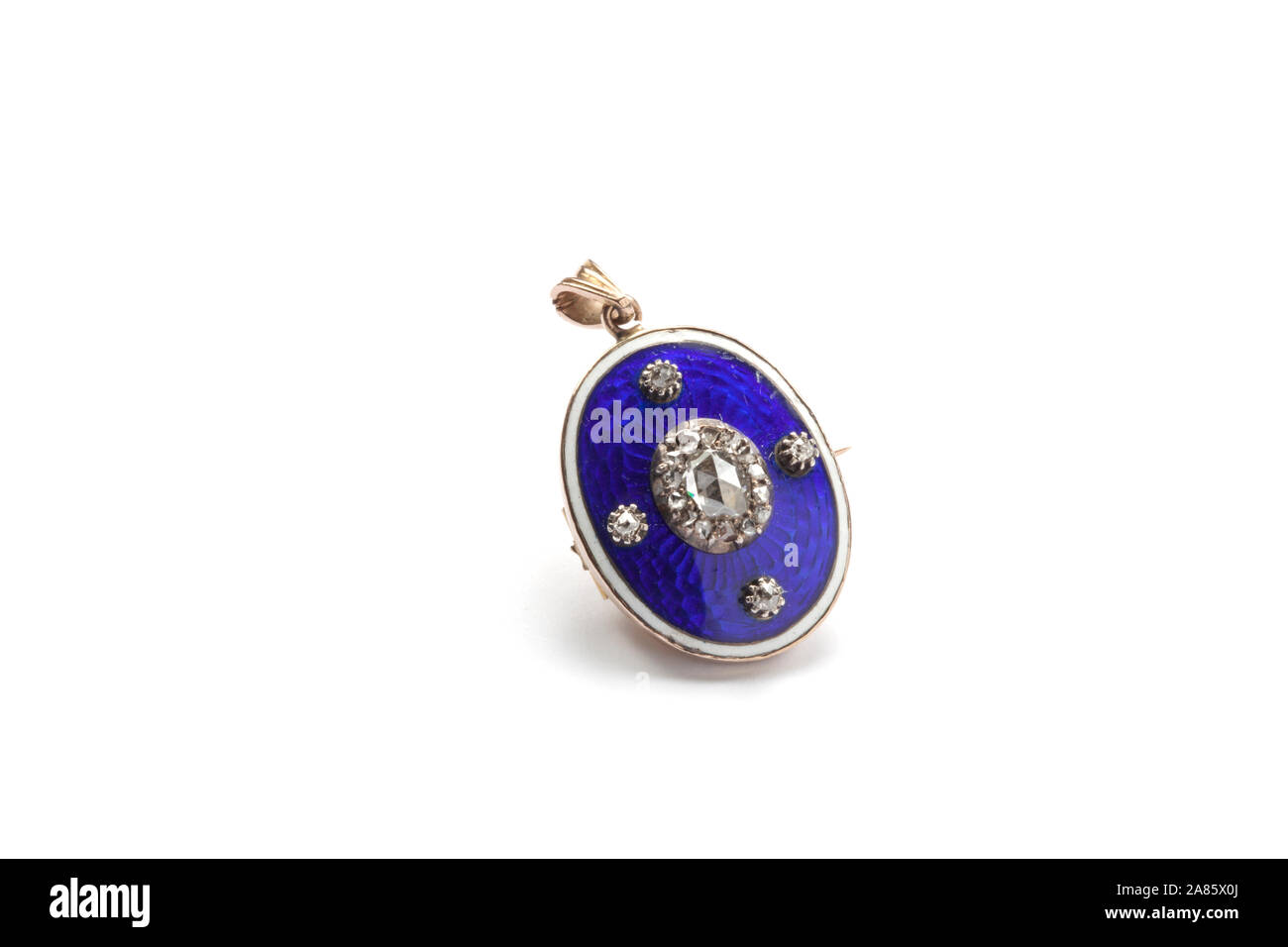 !9th cetury enamel diamond necklace blue pendant. Stock Photo