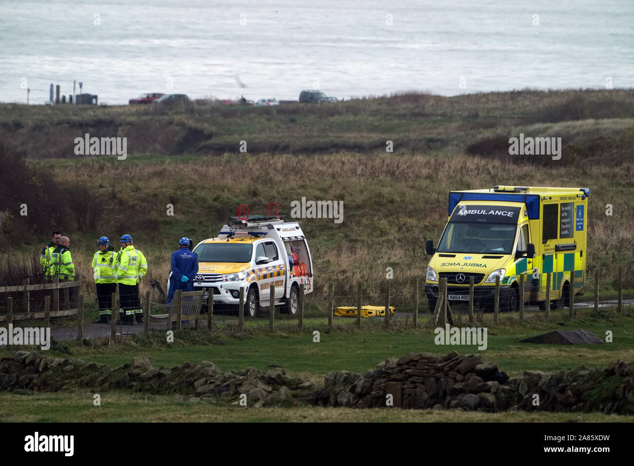 Search and rescue teams along with police and the ambulance service near Old Hartley Caravan park in Northumberland near Whitley Bay where a body of a man was found. PA Photo. Picture date: Wednesday November 6, 2019. Photo credit should read: Owen Humphreys/PA Wire Stock Photo