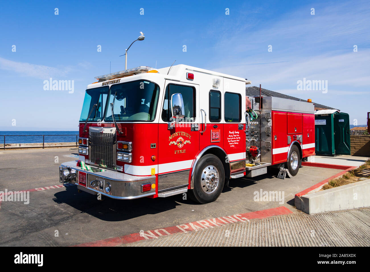 Fire engine of the Monterey Fire Department on the Coast Guard pier, Monterey, California, United States of America. Stock Photo