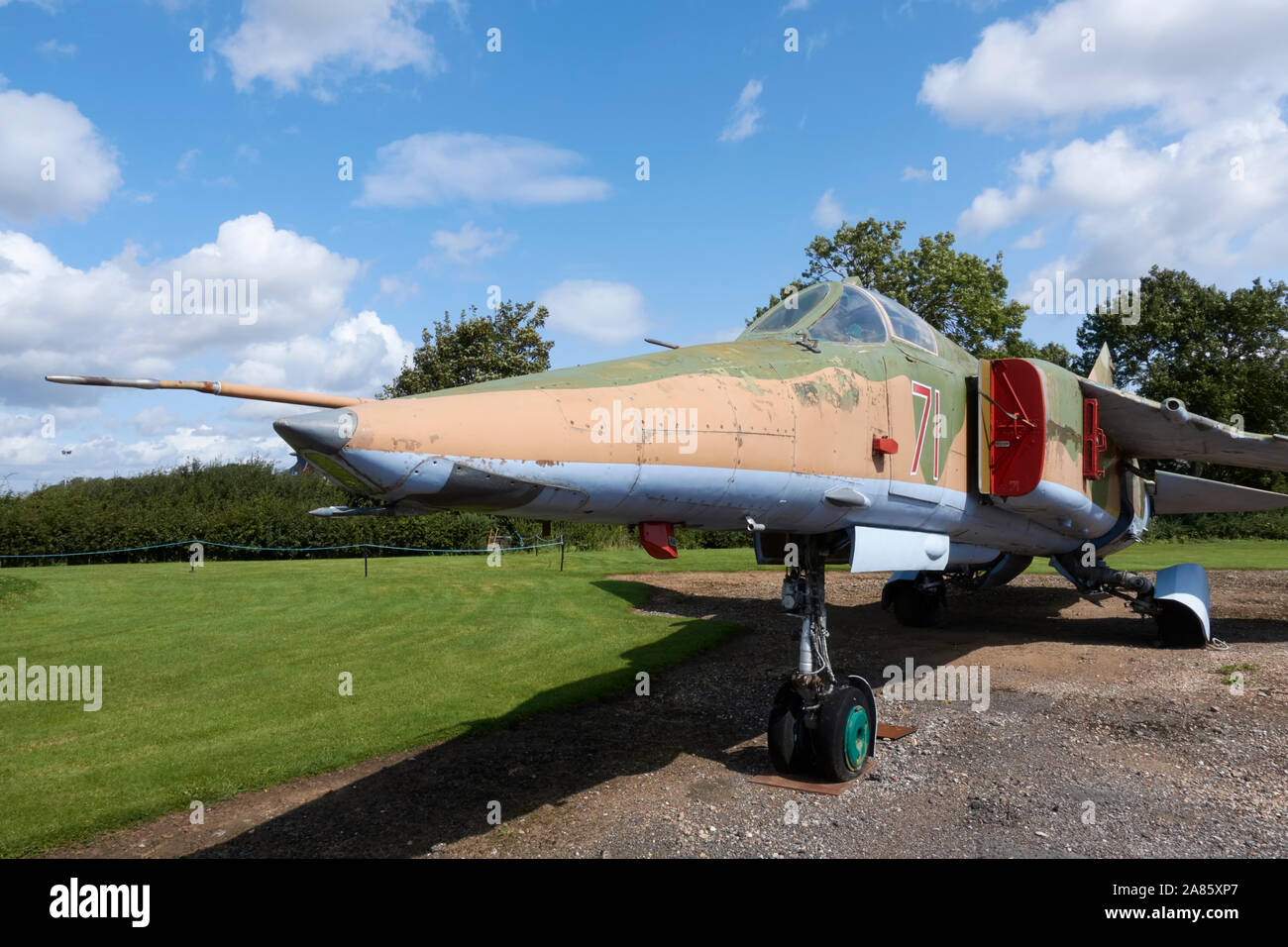 A Mikoyan-Gurevich MiG-27K “Flogger” ground-attack aircraft on display at the Newark Air Museum, Nottinghamshire, England. Stock Photo