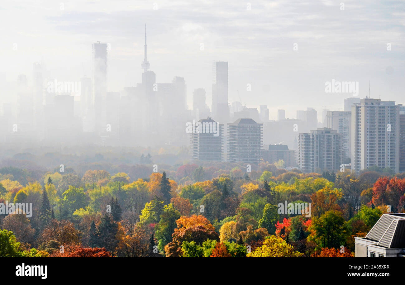 Toronto skyline in with fall colors in foreground and morning fog and clouds in the sky. Stock Photo