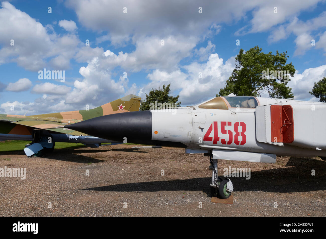 Nose section of a Mikoyan-Gurevich MiG-23ML “Flogger' interceptor aircraft on display at the Newark Air Museum, Nottinghamshire, England. Stock Photo