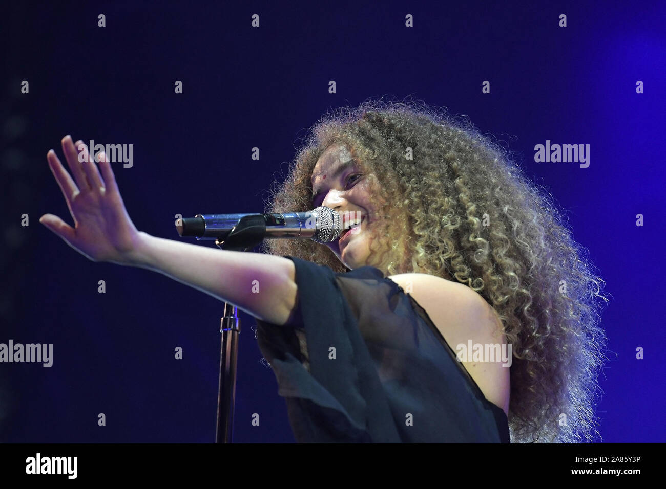 Rio de Janeiro, Brazil, October 5, 2019. Singer Vitória Falcão of the musical duo Anavitória during a show at Rock in Rio 2019 in Rio de Janeiro. Stock Photo