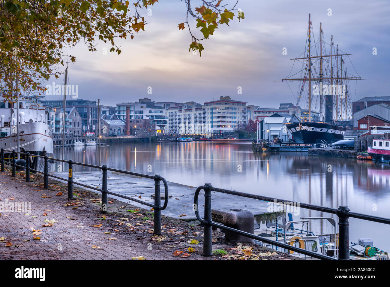 Isambard Kingdom Brunel's SS Great Great Britain sits in her dock on a cold and overcast morning in November on the River Avon in Bristol. Stock Photo