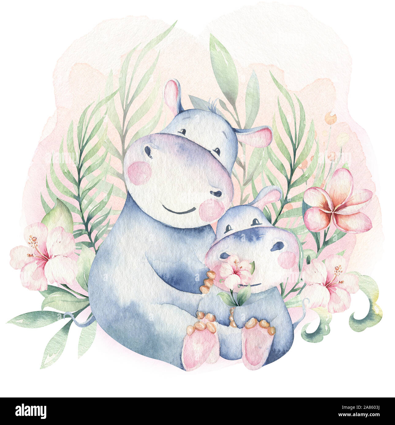 Hand Drawn Cute Isolated Tropical Summer Watercolor Hippo Animals Hippopotamus Baby And Mother Cartoon Animal Illustrations Jungle Tree Brazil Tren Stock Photo Alamy