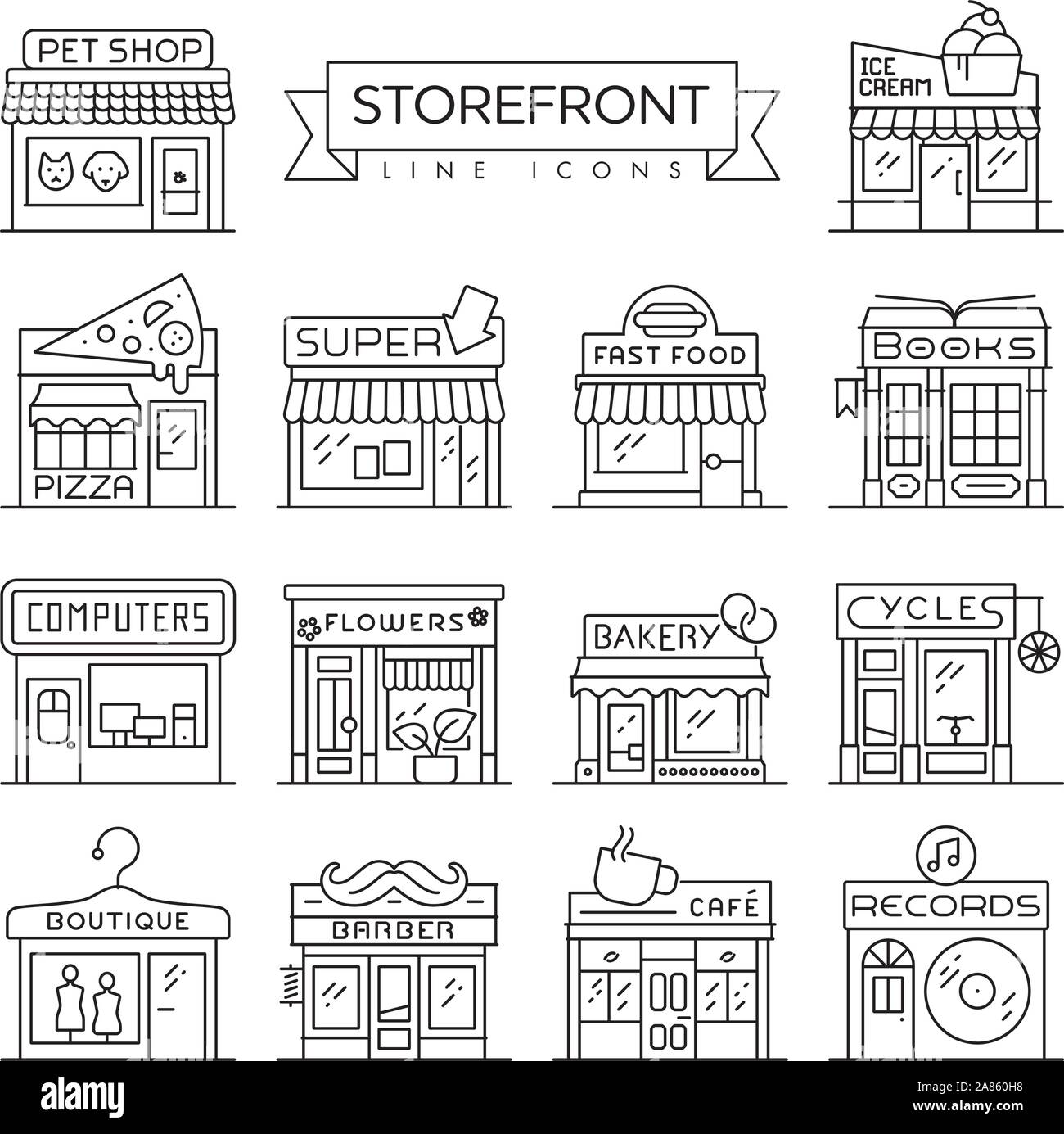 Set of 14 storefronts like bakery, flower shop, boutique and book store thin line icons. Commerce and trade concept vector illustration Stock Vector