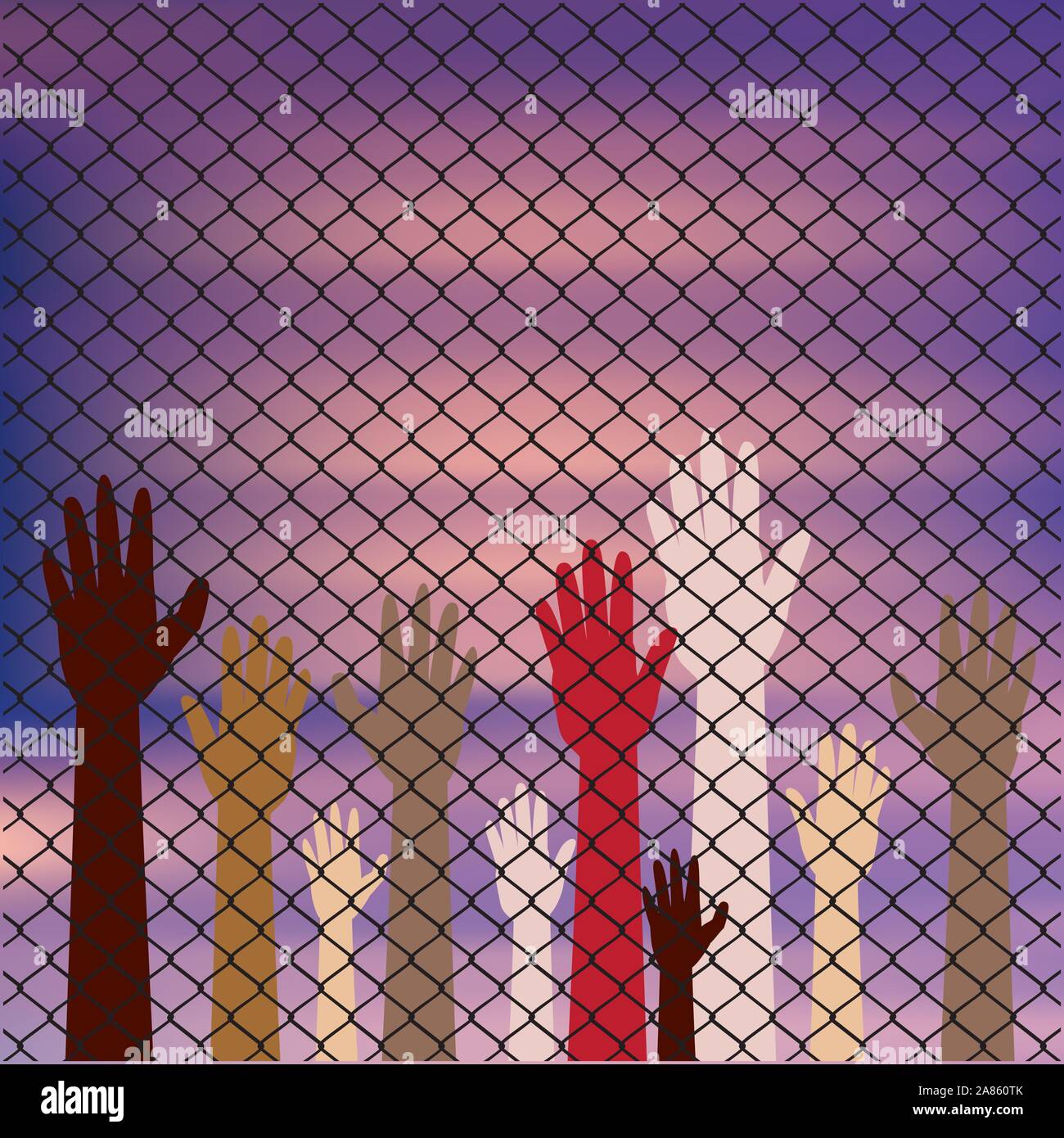 Diversity hand silhouettes behind metal wire fence against blurry sky background. Stock Vector