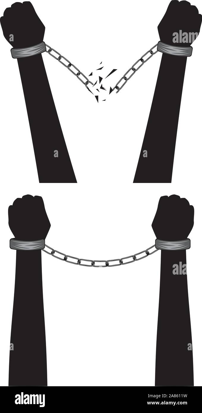 Gray metal chains with shackles on hands silhouette on white background ...